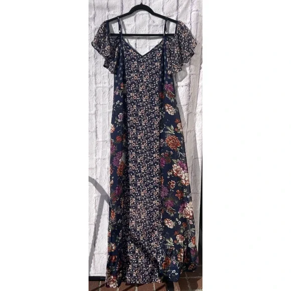 xhilaration off shoulder dress Xhilaration Floral Off-The-Shoulder Ruffle Navy Blue & Pink Dress Size Medium